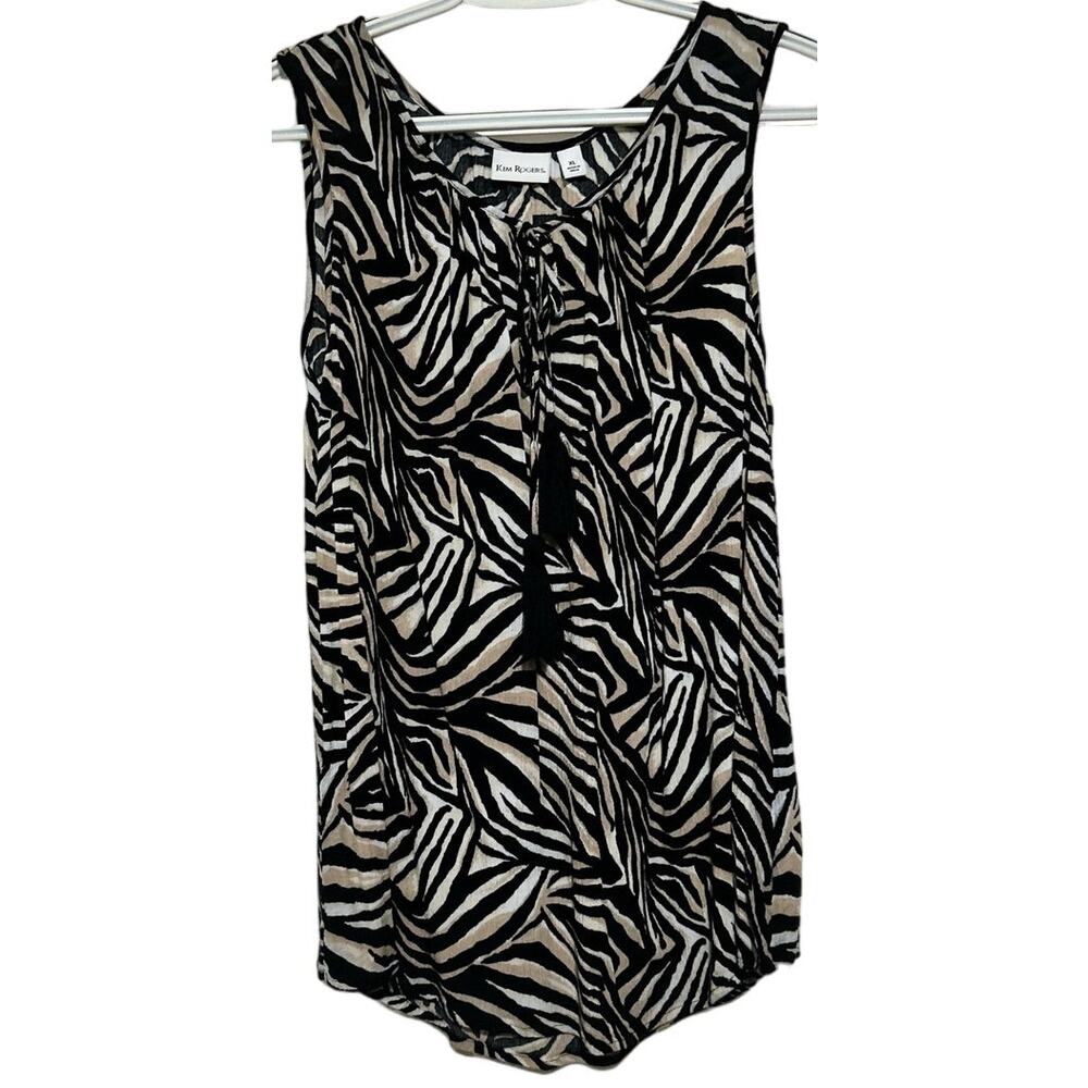 Kim Rogers Women's Black Beige Animal Print Tank Top w/Tassel Size XL